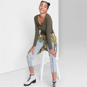 Women's Long Sleeve Round Neck Cozy Henley T-Shirt - Wild Fable Olive Green​